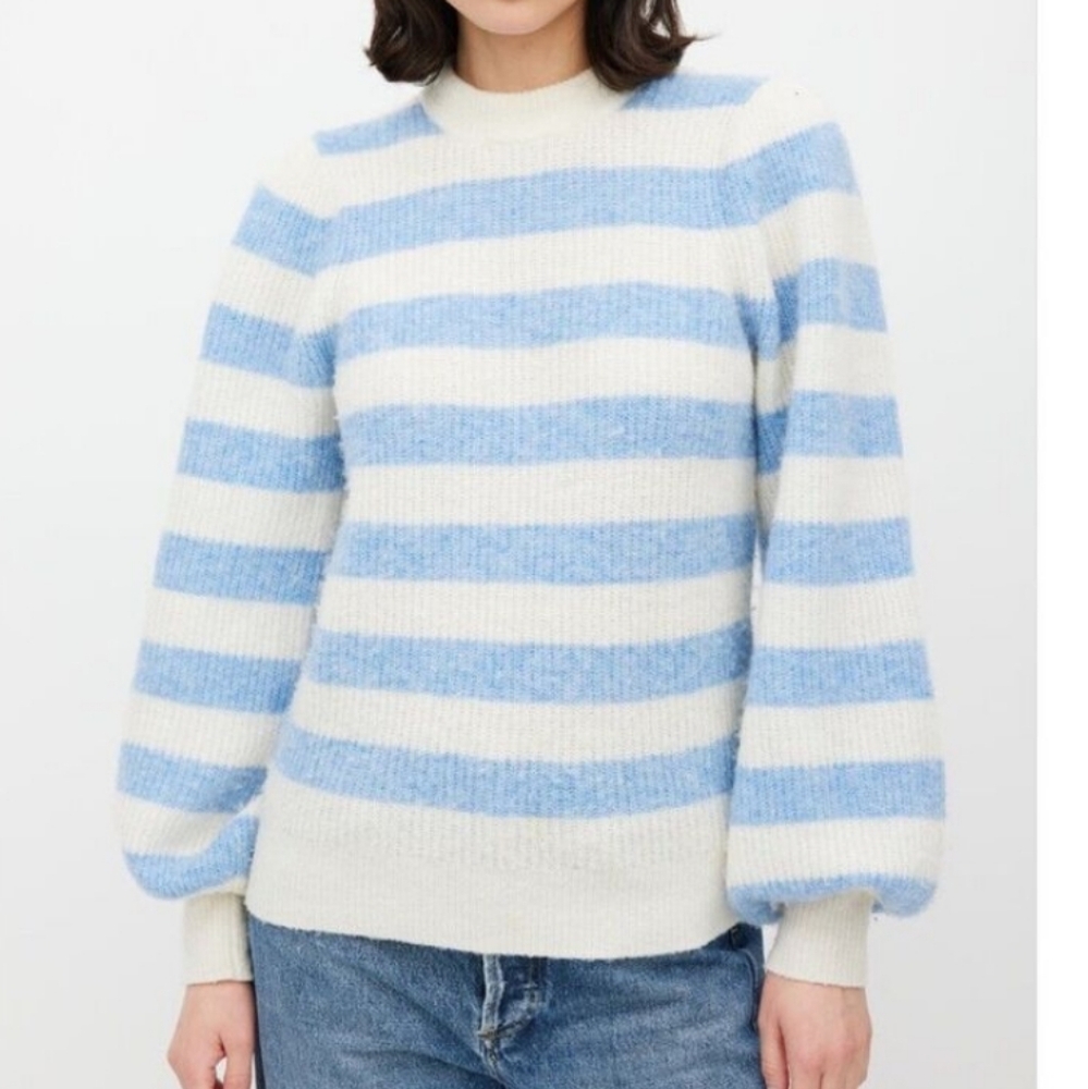 Ganni Alpaca Merino Wool Blue White Striped Sweater Crew Neck Size Small